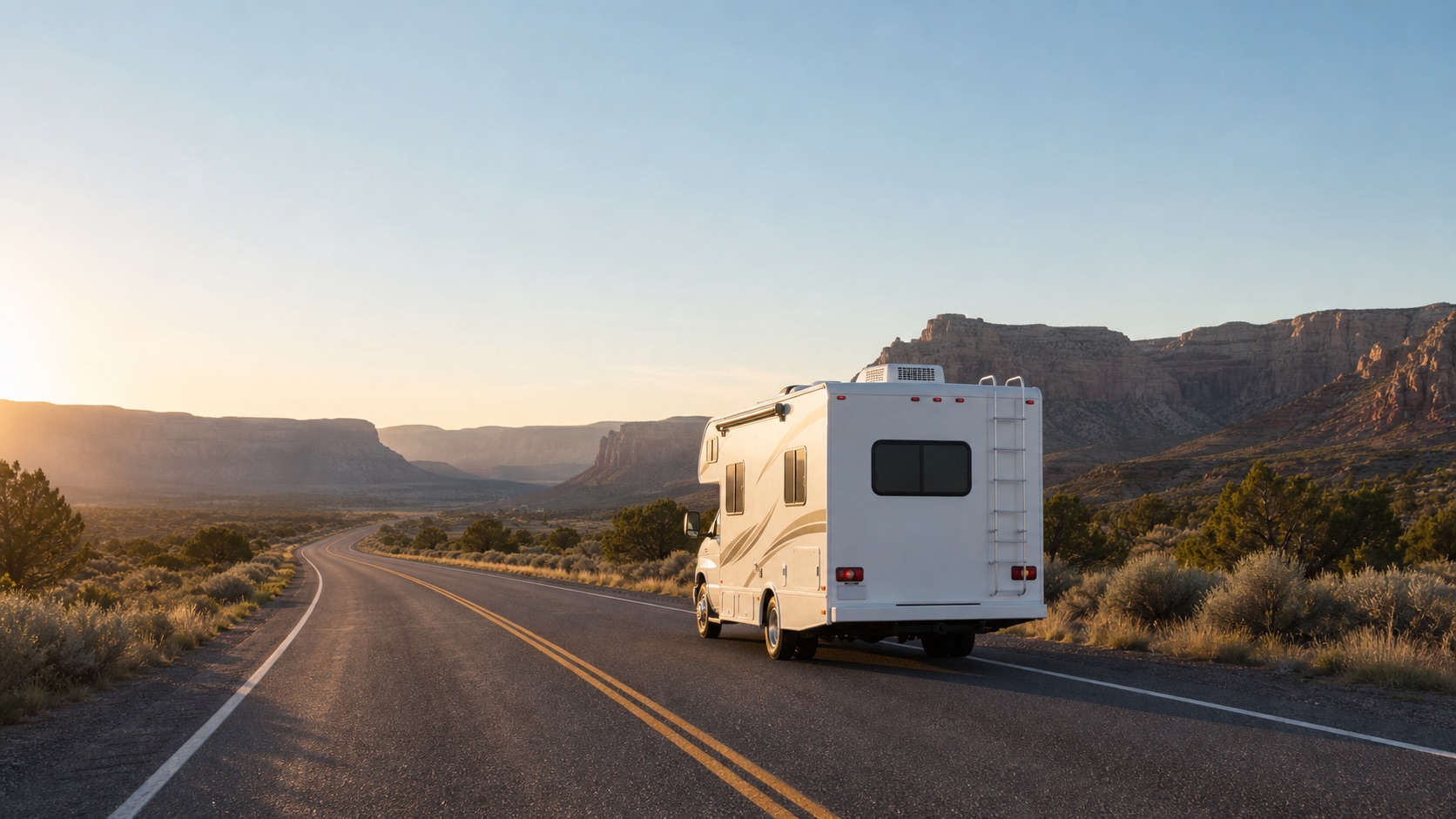 RV driving through a scenic national park road